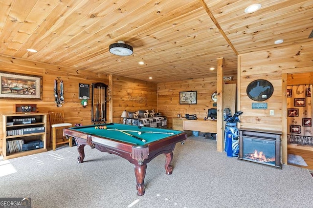 325 Emelia Dr, Morganton, GA 30560 - playroom featuring pool table, carpet floors, wood walls, wooden ceiling, and recessed lighting