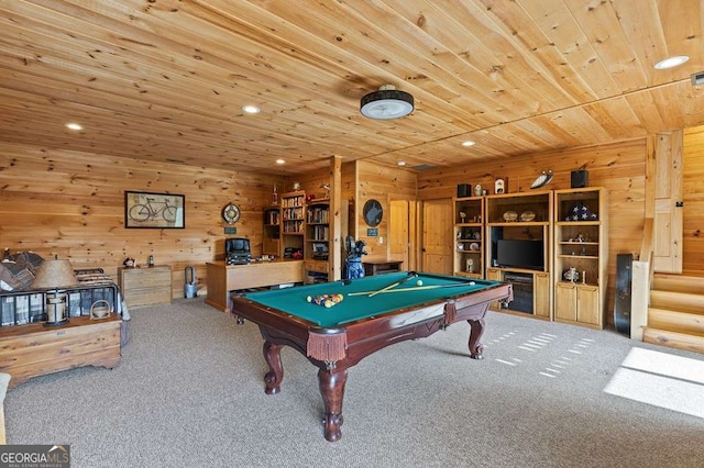 325 Emelia Dr, Morganton, GA 30560 - game room with wooden ceiling, carpet flooring, wooden walls, recessed lighting, and billiards table