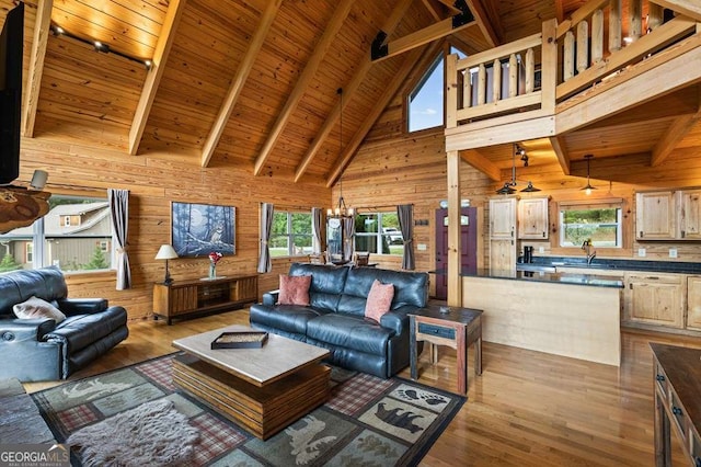 325 Emelia Dr, Morganton, GA 30560 - living area with wood walls, hardwood / wood-style floors, a chandelier, high vaulted ceiling, and wood ceiling with exposed beams