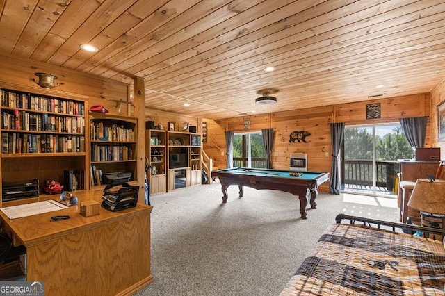 325 Emelia Dr, Morganton, GA 30560 - recreation room with wooden ceiling, pool table, wooden walls, carpet flooring, and recessed lighting
