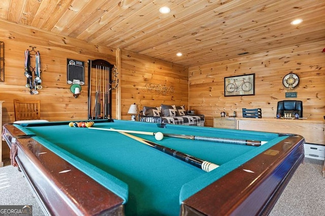 325 Emelia Dr, Morganton, GA 30560 - recreation room with pool table, wood ceiling, recessed lighting, wooden walls, and carpet floors