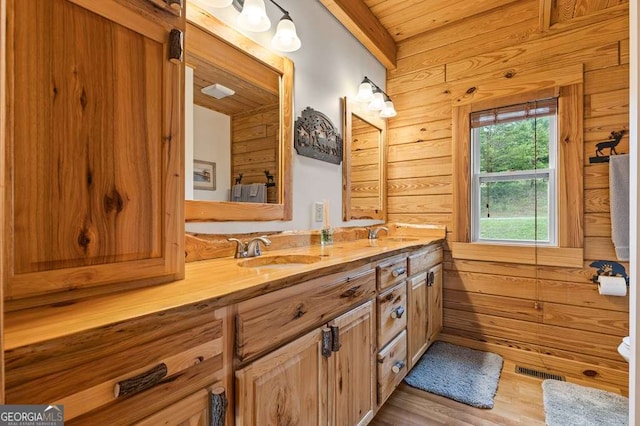 325 Emelia Dr, Morganton, GA 30560 - full bathroom with double vanity, wooden walls, wood finished floors, and wood ceiling