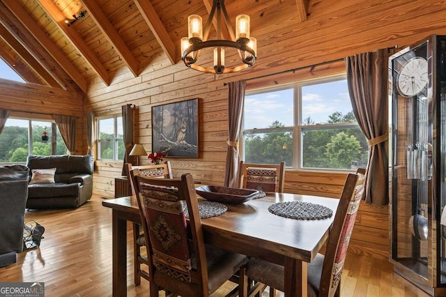 325 Emelia Dr, Morganton, GA 30560 - dining area featuring wooden ceiling, wooden walls, a chandelier, and light wood finished floors