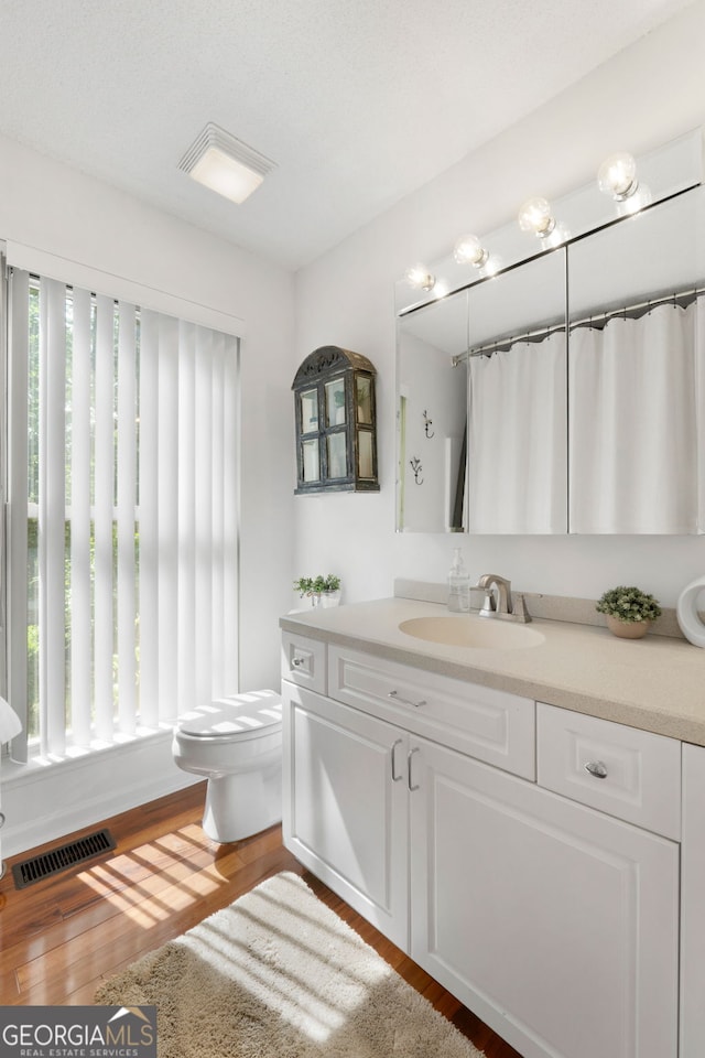 425 Wagers Mill Rd, Newnan, GA 30263 - bathroom with toilet, vanity, wood finished floors, and curtained shower