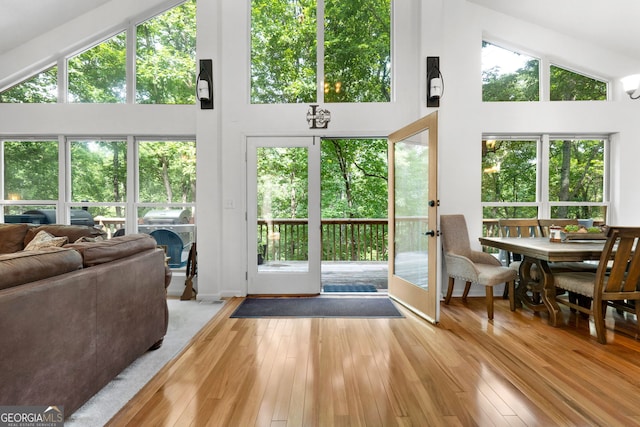 425 Wagers Mill Rd, Newnan, GA 30263 - doorway with high vaulted ceiling, french doors, and hardwood / wood-style floors