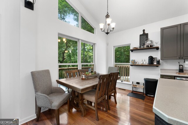 425 Wagers Mill Rd, Newnan, GA 30263 - dining area featuring a chandelier, wood finished floors, and high vaulted ceiling