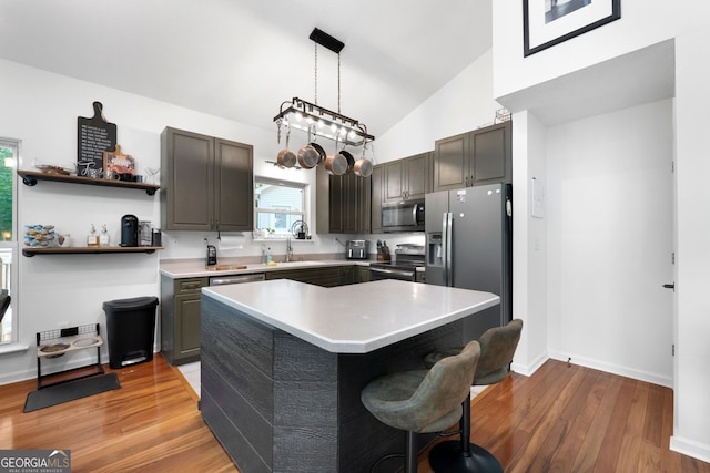 425 Wagers Mill Rd, Newnan, GA 30263 - kitchen with stainless steel appliances, light wood finished floors, lofted ceiling, open shelves, and light countertops