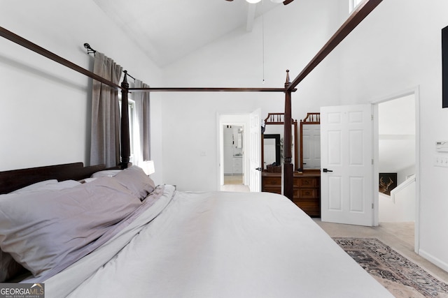 425 Wagers Mill Rd, Newnan, GA 30263 - bedroom with high vaulted ceiling and light colored carpet