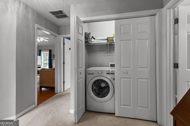 264 Baldwin Ct, Newnan, GA 30263 - laundry room featuring washer / dryer, carpet flooring, and ceiling fan