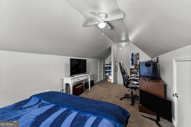 264 Baldwin Ct, Newnan, GA 30263 - bedroom featuring carpet, lofted ceiling, a desk, and a ceiling fan