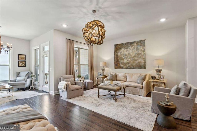 4355 Parkside Pl, Sandy Springs, GA 30342 - living area with a chandelier, hardwood / wood-style floors, recessed lighting, and baseboards