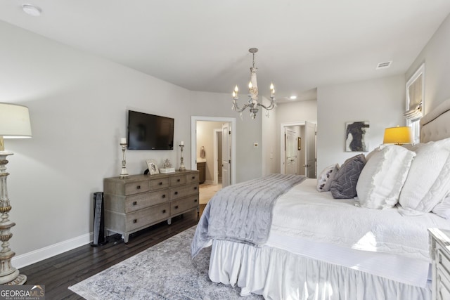 4355 Parkside Pl, Sandy Springs, GA 30342 - bedroom with a chandelier, dark wood-style flooring, baseboards, and ensuite bath