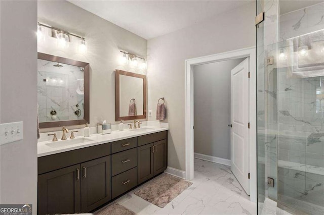 4355 Parkside Pl, Sandy Springs, GA 30342 - full bath featuring marble finish flooring, a marble finish shower, double vanity, and baseboards
