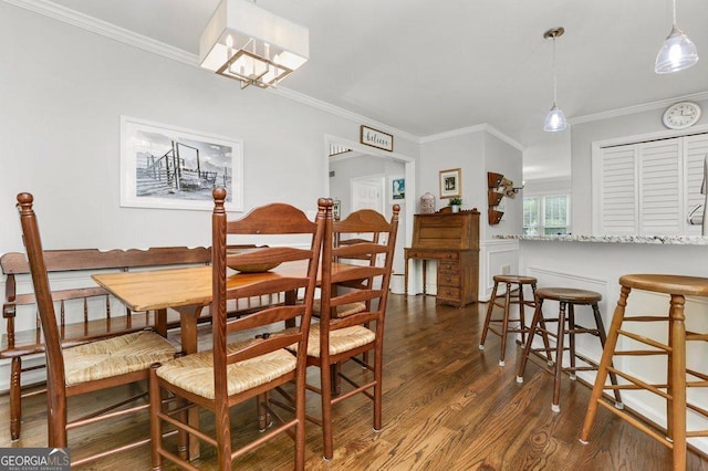 310 Medridge Dr, Alpharetta, GA 30022 - dining space with dark wood-style floors, crown molding, and a chandelier