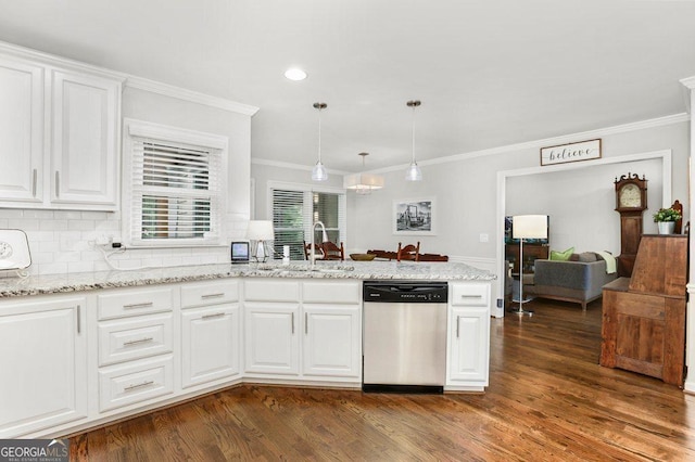 310 Medridge Dr, Alpharetta, GA 30022 - kitchen featuring dishwasher, a sink, crown molding, dark wood finished floors, and white cabinetry