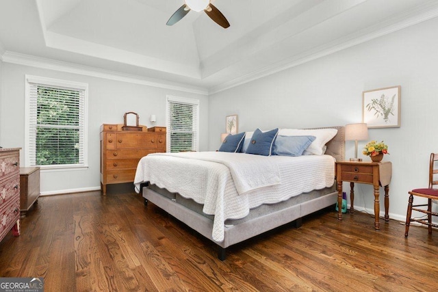 310 Medridge Dr, Alpharetta, GA 30022 - bedroom featuring wood finished floors, a tray ceiling, baseboards, crown molding, and a ceiling fan