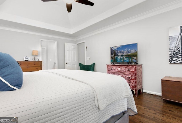 310 Medridge Dr, Alpharetta, GA 30022 - bedroom featuring dark wood-style floors, ornamental molding, baseboards, a raised ceiling, and a ceiling fan