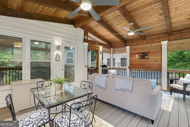 310 Medridge Dr, Alpharetta, GA 30022 - living area with a ceiling fan, light wood-style floors, healthy amount of natural light, wooden ceiling, and wooden walls