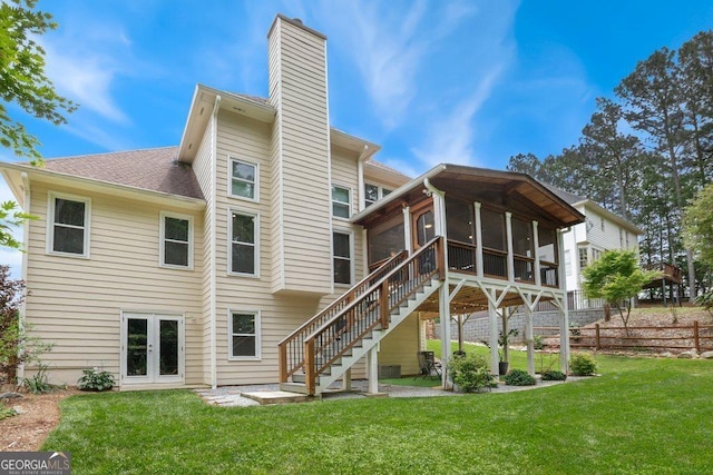 310 Medridge Dr, Alpharetta, GA 30022 - rear view of house featuring a sunroom, a chimney, stairway, and french doors