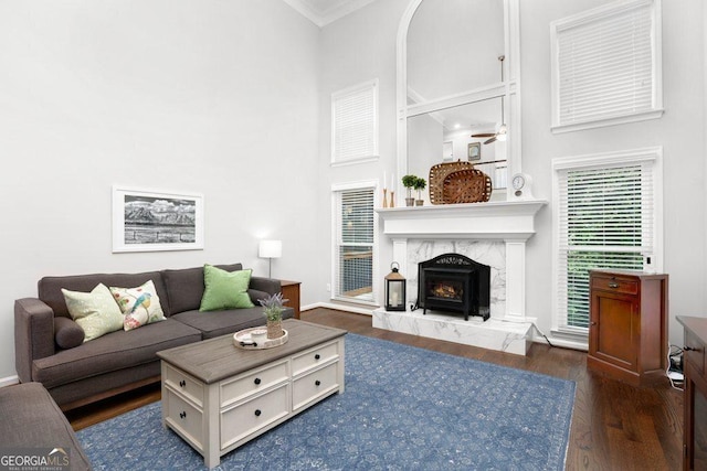 310 Medridge Dr, Alpharetta, GA 30022 - living room with a high ceiling, wood finished floors, a fireplace, crown molding, and baseboards