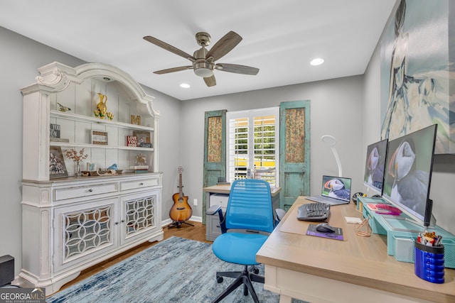 1035 Mcfarlin Bridge Rd, Carnesville, GA 30521 - office with ceiling fan, wood finished floors, and recessed lighting