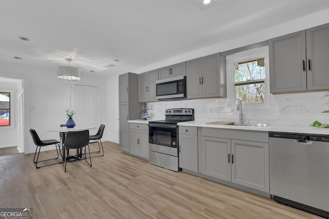 2030 Euclid St, Statham, GA 30666 - kitchen with appliances with stainless steel finishes, gray cabinets, tasteful backsplash, light countertops, and light wood-style flooring