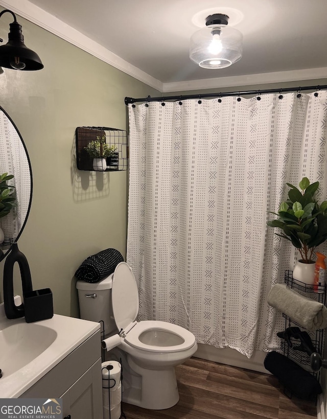 40 Legend Creek Chase, Douglasville, GA 30134 - bathroom with vanity, wood finished floors, toilet, crown molding, and a shower with curtain