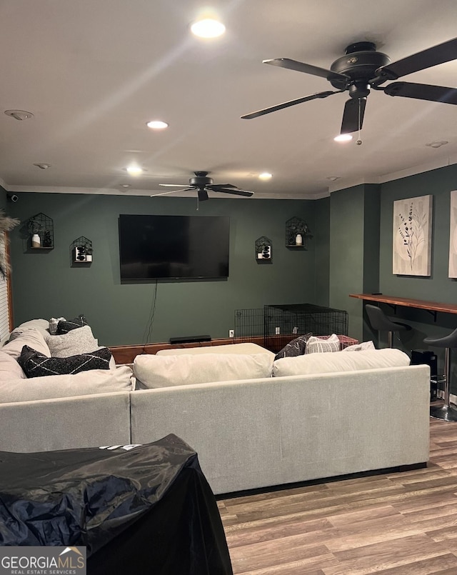 40 Legend Creek Chase, Douglasville, GA 30134 - living room featuring a ceiling fan, crown molding, recessed lighting, and wood finished floors