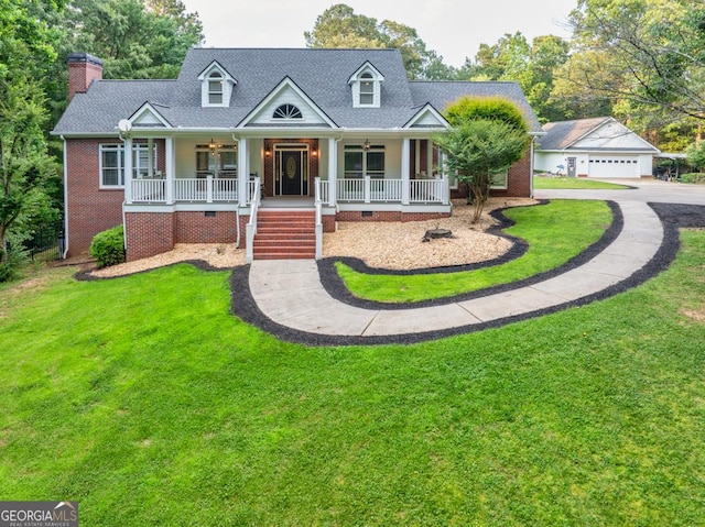 2230 Ewing Chapel Rd, Dacula, GA 30019 - cape cod home featuring covered porch, crawl space, a front lawn, a chimney, and ceiling fan