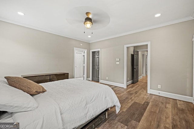 2230 Ewing Chapel Rd, Dacula, GA 30019 - bedroom featuring ornamental molding, wood finished floors, recessed lighting, and a ceiling fan