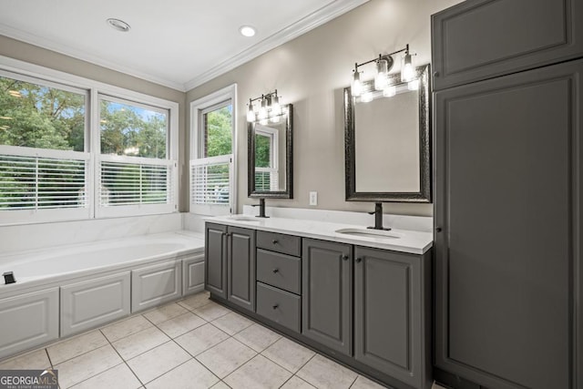 2230 Ewing Chapel Rd, Dacula, GA 30019 - bathroom featuring tile patterned flooring, double vanity, a bath, ornamental molding, and recessed lighting