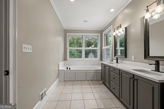2230 Ewing Chapel Rd, Dacula, GA 30019 - bathroom featuring ornamental molding, a bath, double vanity, tile patterned floors, and recessed lighting