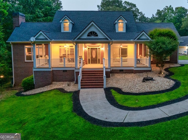 2230 Ewing Chapel Rd, Dacula, GA 30019 - view of front of property with covered porch, a front lawn, a chimney, crawl space, and roof with shingles