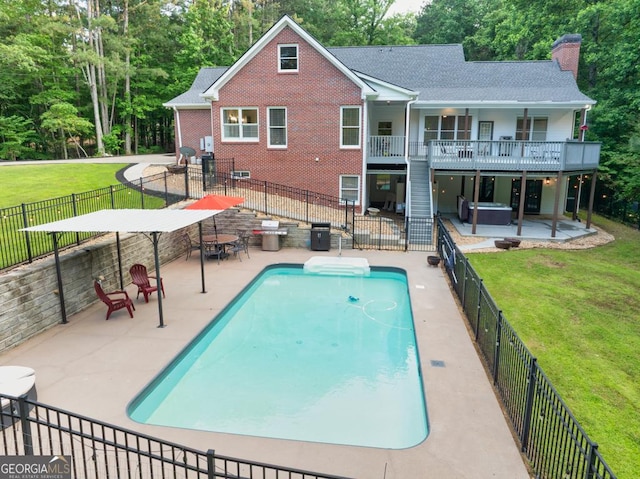 2230 Ewing Chapel Rd, Dacula, GA 30019 - view of swimming pool featuring a patio, a fenced backyard, stairs, and view of wooded area