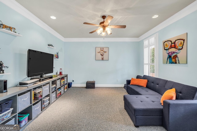704 Branchview Ct, Mcdonough, GA 30252 - carpeted living area with ornamental molding, ceiling fan, baseboards, and recessed lighting