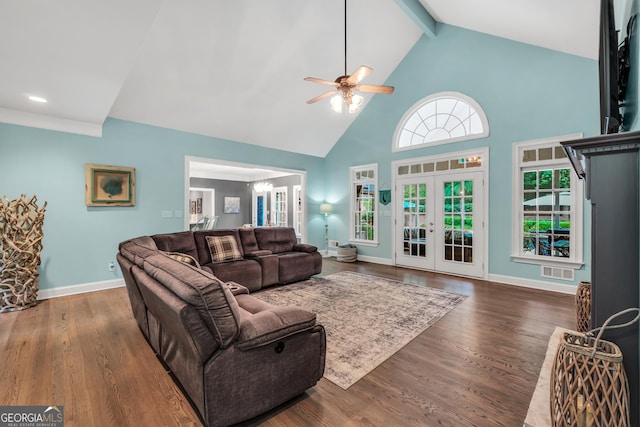 704 Branchview Ct, Mcdonough, GA 30252 - living room with high vaulted ceiling, french doors, beamed ceiling, a ceiling fan, and baseboards