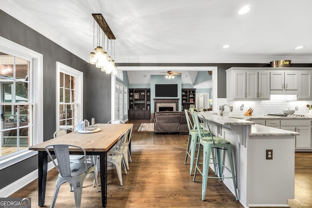 704 Branchview Ct, Mcdonough, GA 30252 - kitchen with a warm lit fireplace, a breakfast bar, light stone counters, ornamental molding, and a peninsula