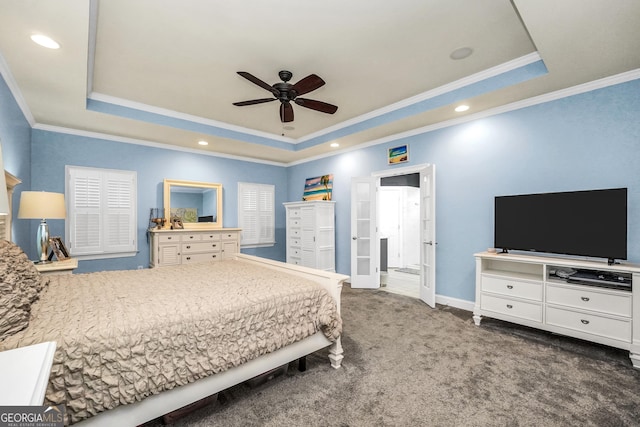 704 Branchview Ct, Mcdonough, GA 30252 - carpeted bedroom featuring a tray ceiling, ornamental molding, recessed lighting, baseboards, and a ceiling fan