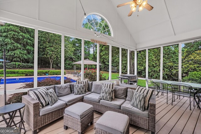 704 Branchview Ct, Mcdonough, GA 30252 - sunroom featuring outdoor dining space, an outdoor hangout area, a ceiling fan, and vaulted ceiling