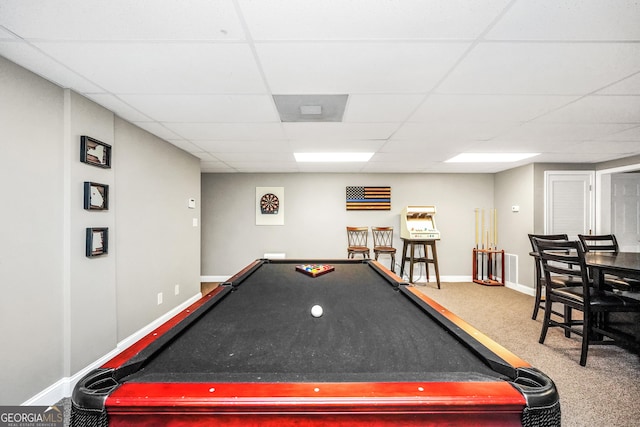 704 Branchview Ct, Mcdonough, GA 30252 - rec room with a paneled ceiling, billiards, baseboards, and carpet
