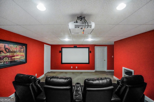 704 Branchview Ct, Mcdonough, GA 30252 - home theater room featuring carpet flooring, a paneled ceiling, baseboards, and recessed lighting