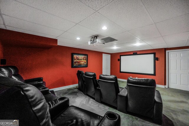 704 Branchview Ct, Mcdonough, GA 30252 - carpeted cinema featuring a paneled ceiling, baseboards, and recessed lighting