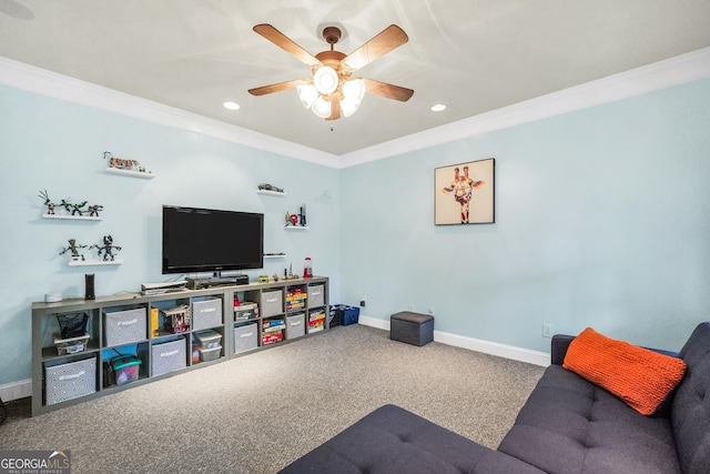 704 Branchview Ct, Mcdonough, GA 30252 - carpeted living area with crown molding, ceiling fan, baseboards, and recessed lighting