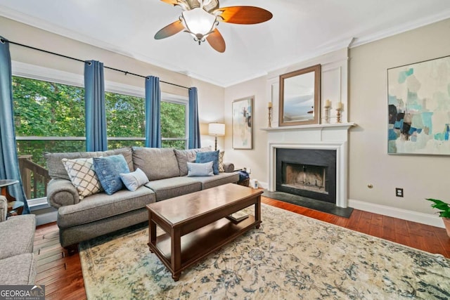 2346 Unicoi Ct, Duluth, GA 30097 - living room featuring ornamental molding, ceiling fan, a fireplace with flush hearth, hardwood / wood-style floors, and baseboards