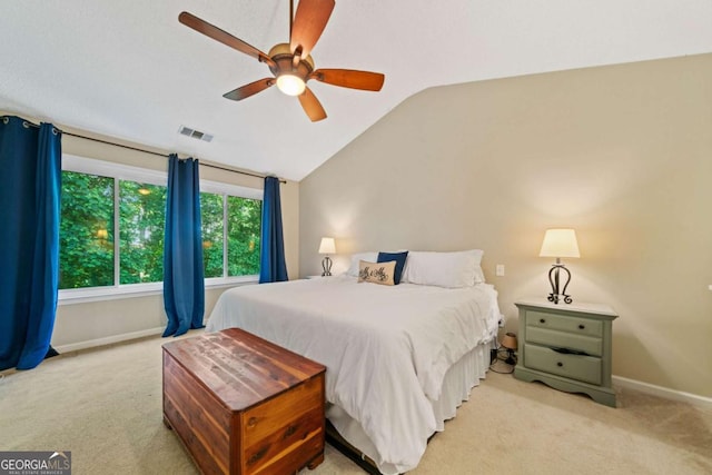 2346 Unicoi Ct, Duluth, GA 30097 - bedroom with light carpet, baseboards, vaulted ceiling, and ceiling fan