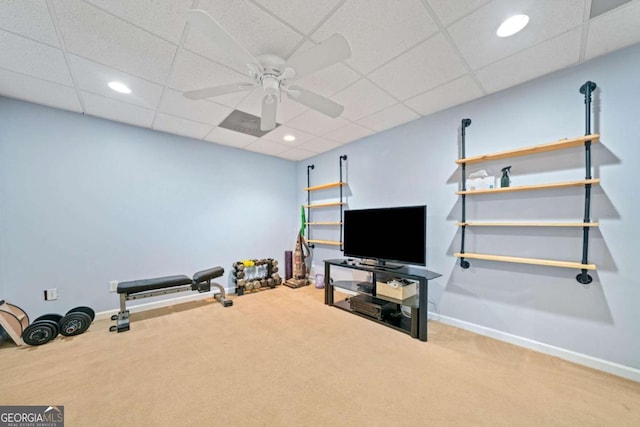 2346 Unicoi Ct, Duluth, GA 30097 - workout room with ceiling fan, carpet, baseboards, and recessed lighting