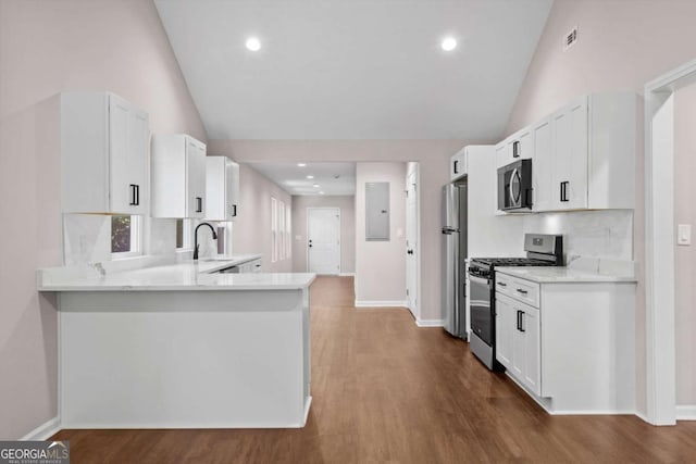 5 Windsor Ter, Avondale Estates, GA 30002 - kitchen with appliances with stainless steel finishes, vaulted ceiling, electric panel, dark wood-style floors, and a peninsula
