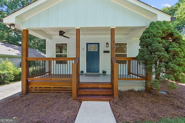 5 Windsor Ter, Avondale Estates, GA 30002 - view of front of house featuring board and batten siding, a porch, and a ceiling fan
