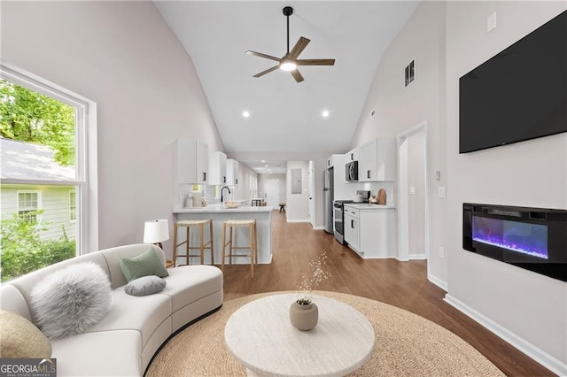 5 Windsor Ter, Avondale Estates, GA 30002 - living area featuring high vaulted ceiling, dark wood finished floors, a ceiling fan, and a glass covered fireplace