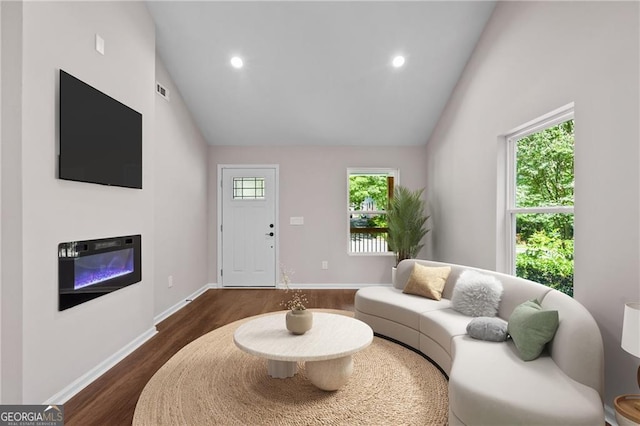 5 Windsor Ter, Avondale Estates, GA 30002 - living room with high vaulted ceiling, dark wood-style flooring, a glass covered fireplace, and recessed lighting